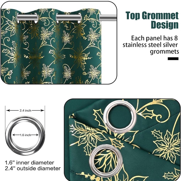 Christmas Curtains Silver Floral 52" x 84", Green, 2 Panels - Picture 4 of 6